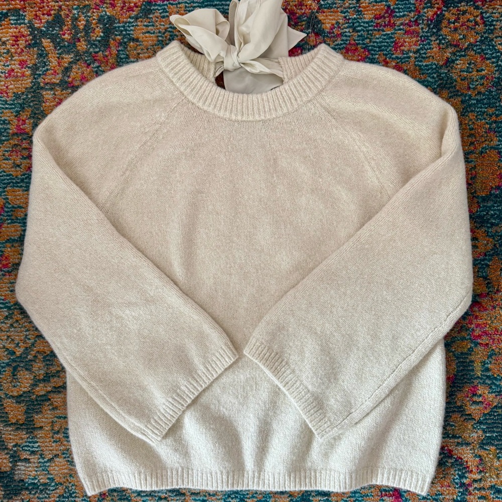 Lands' End White Crew Neck Sweater with Gold Thread | White Bow on Back | Large